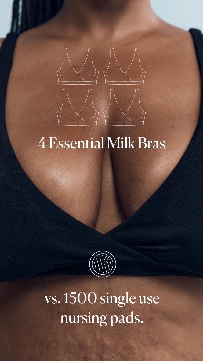 Person wearing a black top with text about essential milk bras and single-use nursing pads.